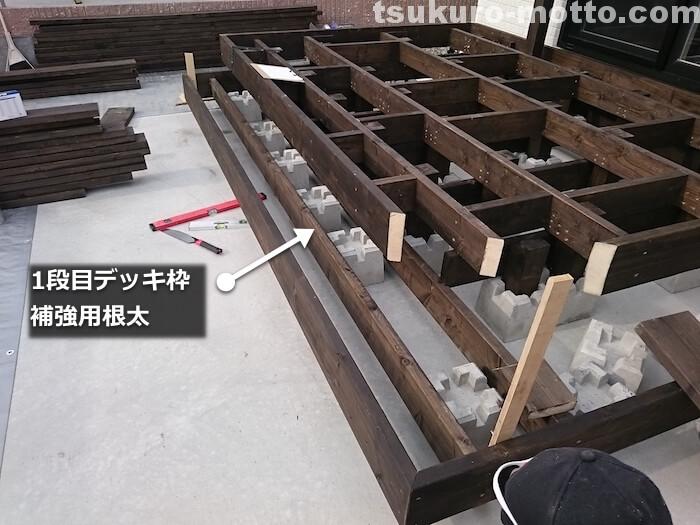 ウッドデッキDIY 1段目デッキ枠の補強1